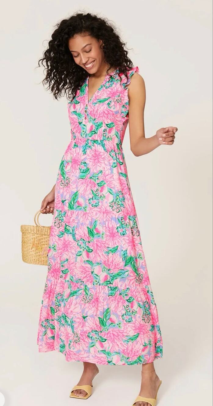 Lilly Pulitzer Plus Destini Maxi Dress Pink Blossom Try Your Zest Size 14